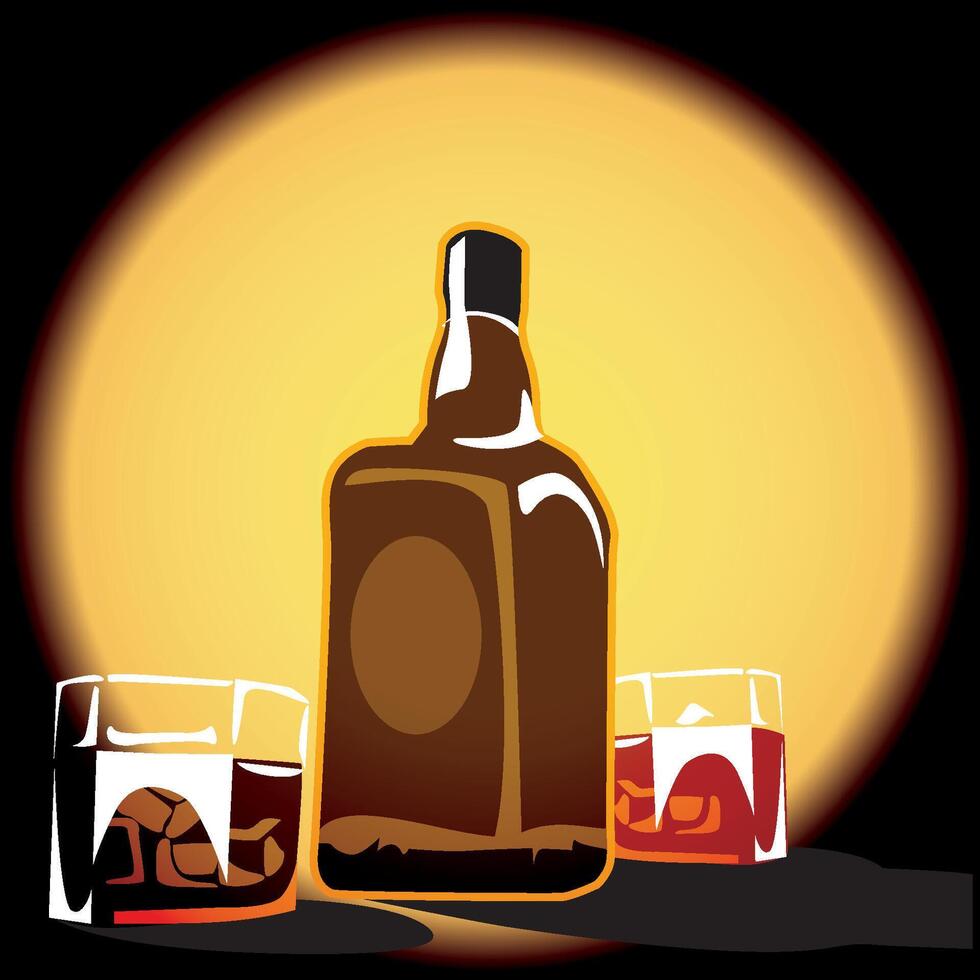 Bottle of whiskey and glasses with ice cubes vector
