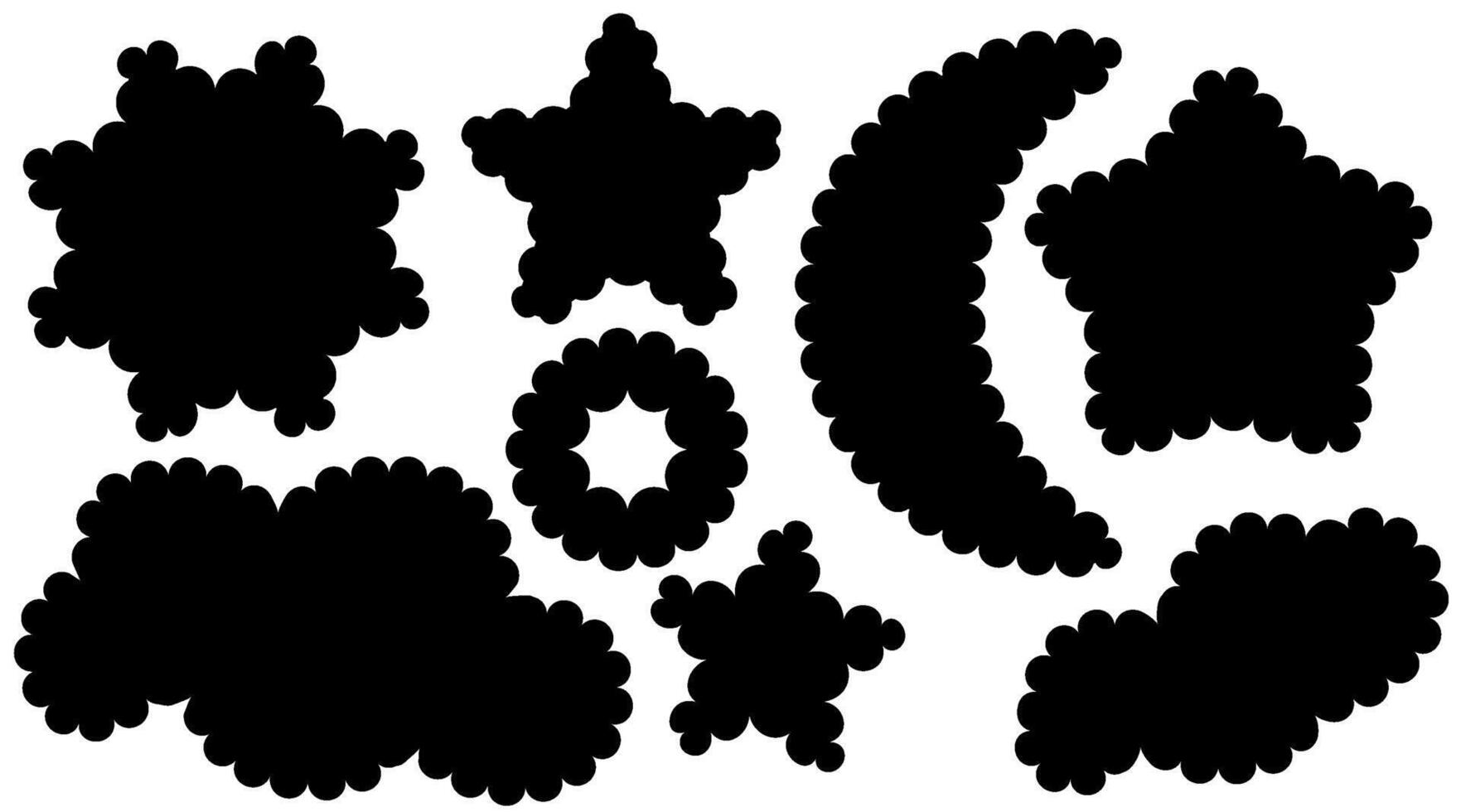 Set of scallop edge frames black shapes isolated on white background. Zigzag wavy forms Square, rectangle, circle, oval border Decorative collection Abstract design tag, stickers illustrations. vector