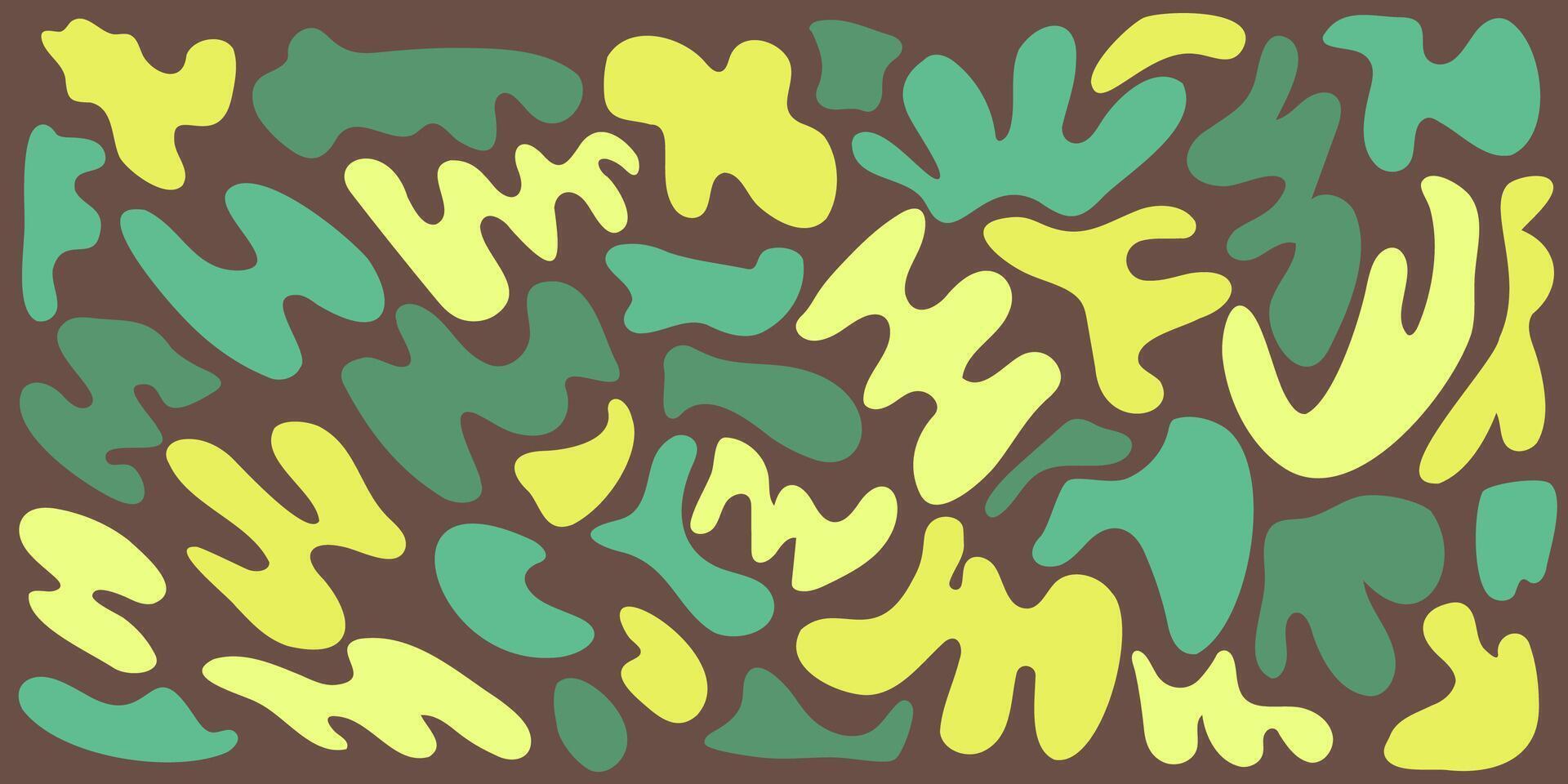 Set of organic irregular green blob shapes. Random deform spot fluid circle Isolated on broun background. Organic amoeba Doodle drops Retro elements. Abstract rounded forms illustration vector