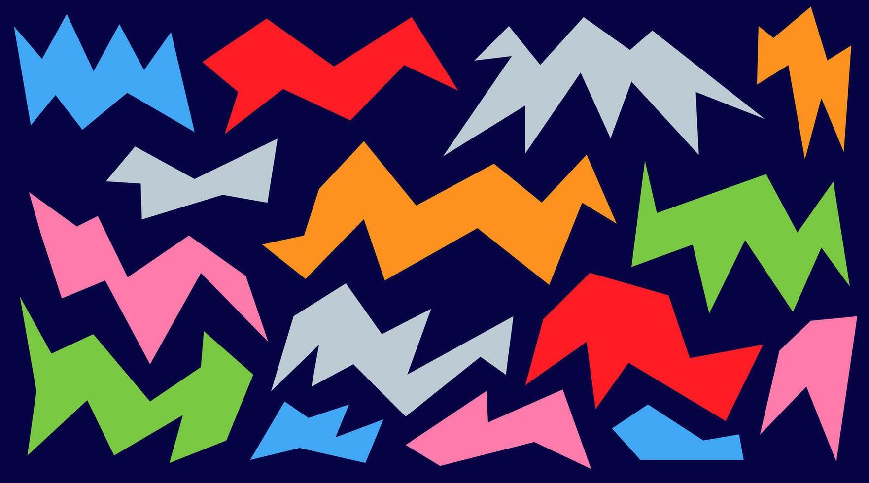 Irregular spikey hand drawn chevron shapes. Set trendy Black cutout paper elements. Stars shapes. Funky groovy sparks simple forms isolated on blue background. illustration vector