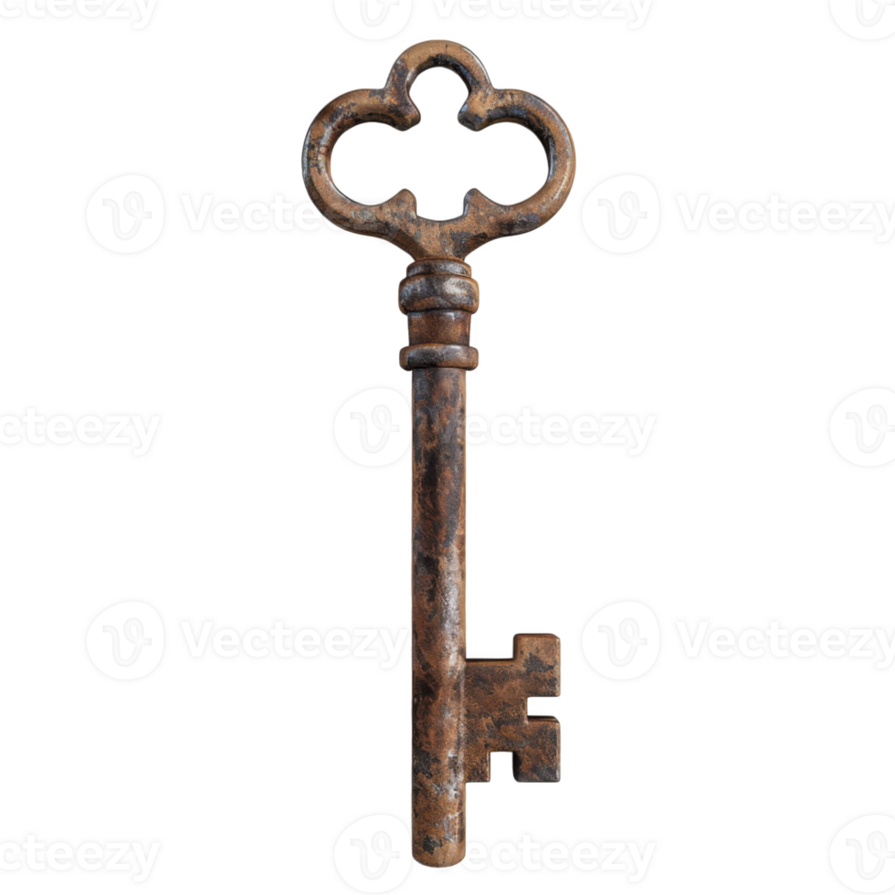 A Rusty Old Key With a Cloverleaf-Shaped Bow png