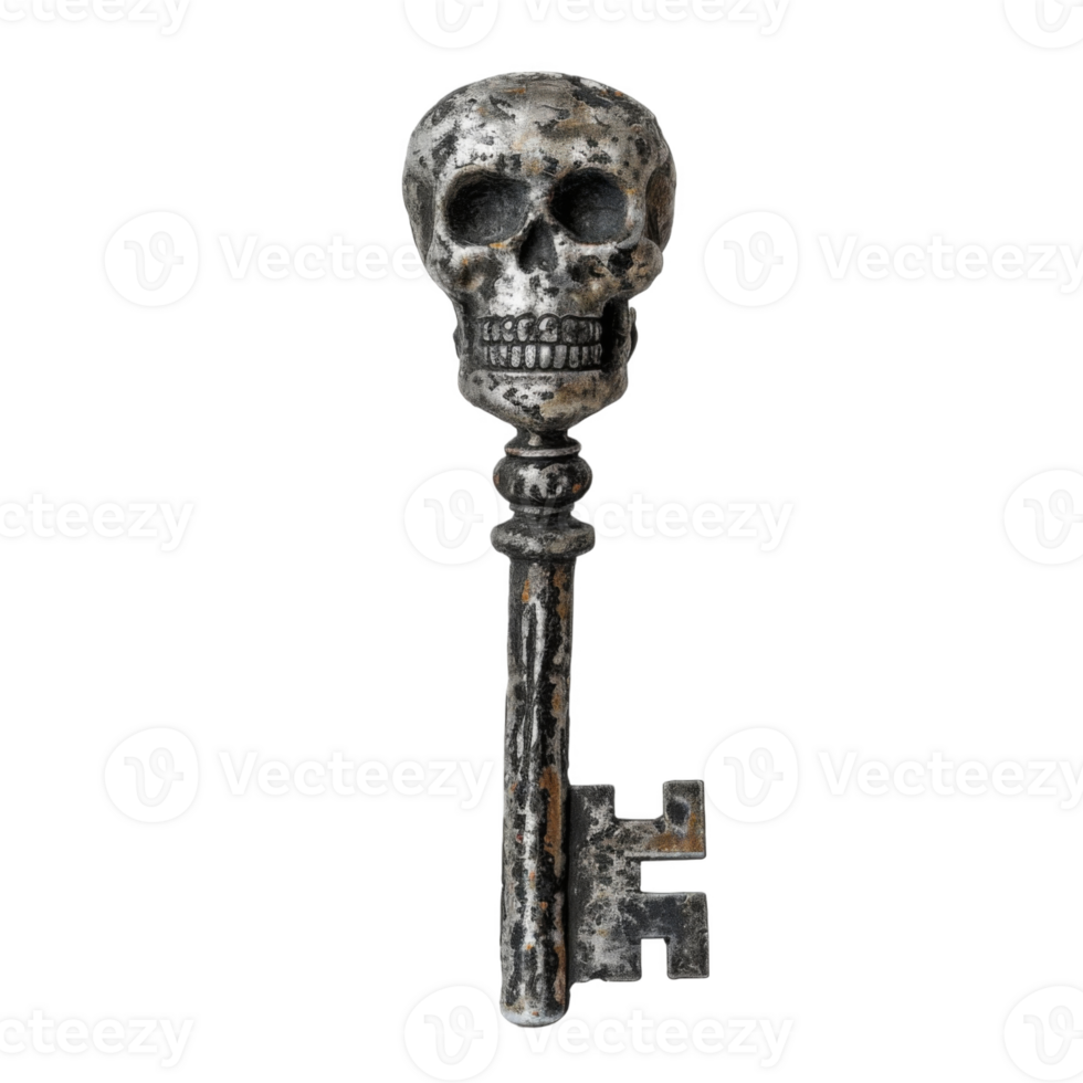 An ornate, weathered skeleton key with a skull head png