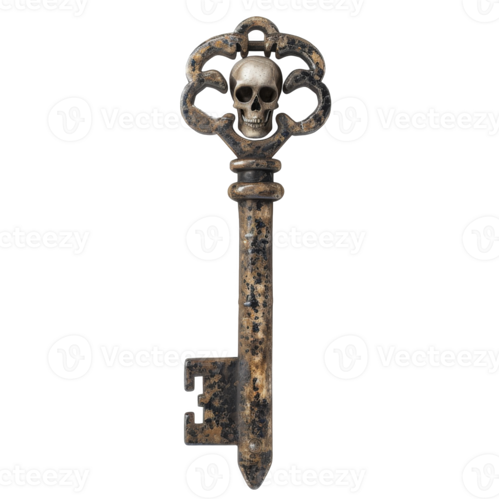 Antique Skeleton Key with Skull Design png