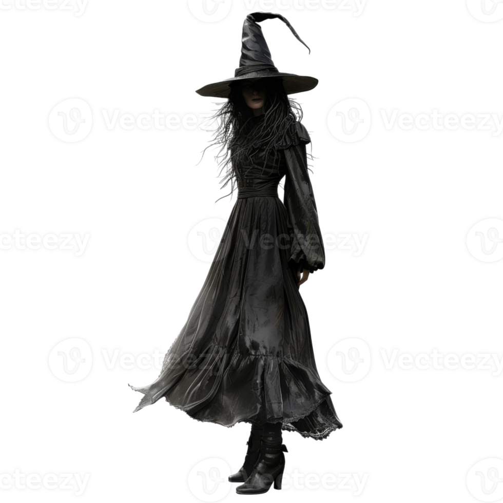 A Woman Dressed as a Witch in a Black Gown and Tall Hat png