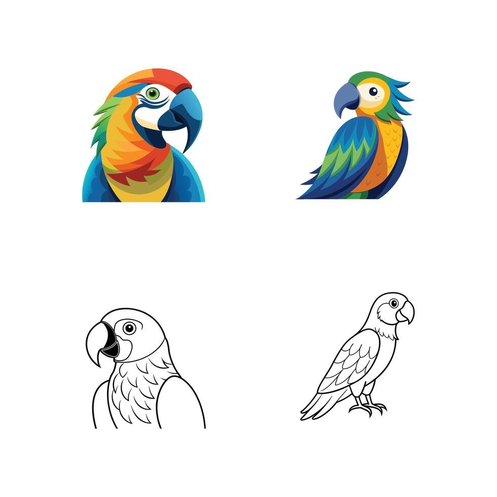 a set of four different parrots, including a green one vector