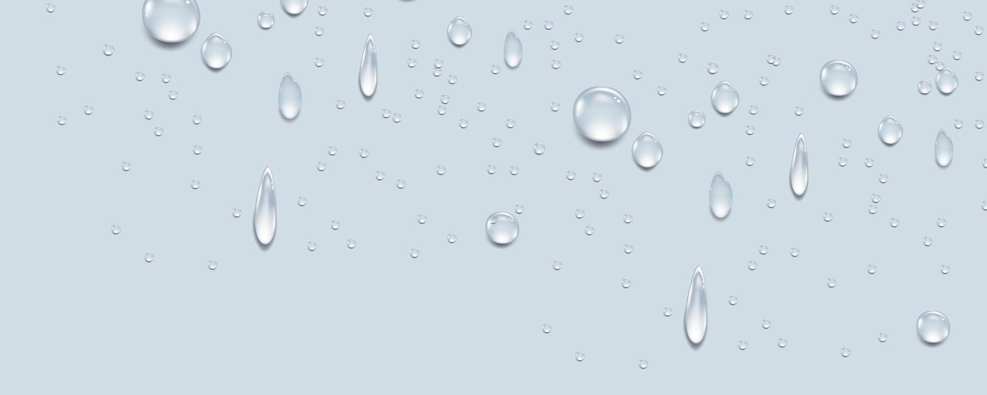 Rain transparent drops flow down the glass.Realistic wet condensation texture.Fresh water splash effect on the surface.Liquid spreading droplet shapes. vector