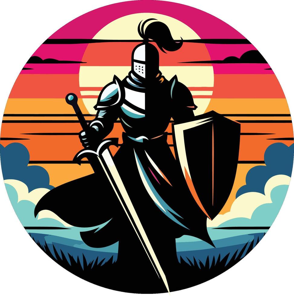 a knight with a sword and shield in front of a sunset. vector