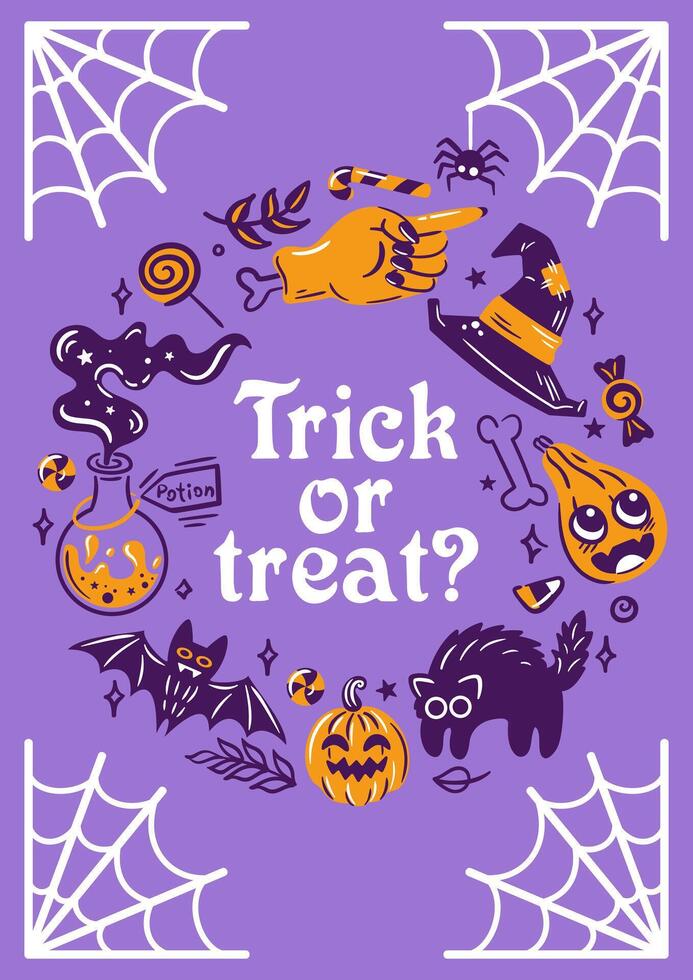 This colorful Halloween-themed design features a variety of trick-or-treating motifs along with festive symbols in the form of a circular wreath, Spider Web Frame. vector