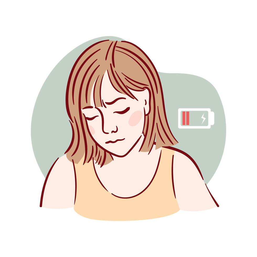 An illustration depicting an exhausted woman who is low on battery energy, embodying her struggles, apathy. Distress, lack of motivation. sketch For book, brochure, psychological help website design vector
