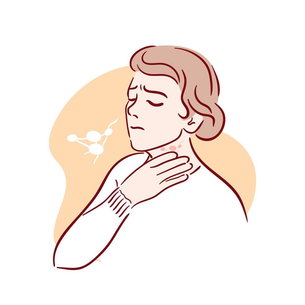 Lymphadenitis. Swollen lymph nodes. A woman holds her hand on her sore throat. Irritation, soreness. Symptoms of influenza, leukemia, toxoplasmosis. Medical brochure template. illustration vector
