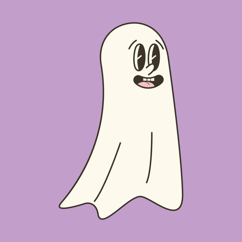 Retro smile ghost on purple background. illustration for Halloween designs, fun decorations, and festive invitations vector