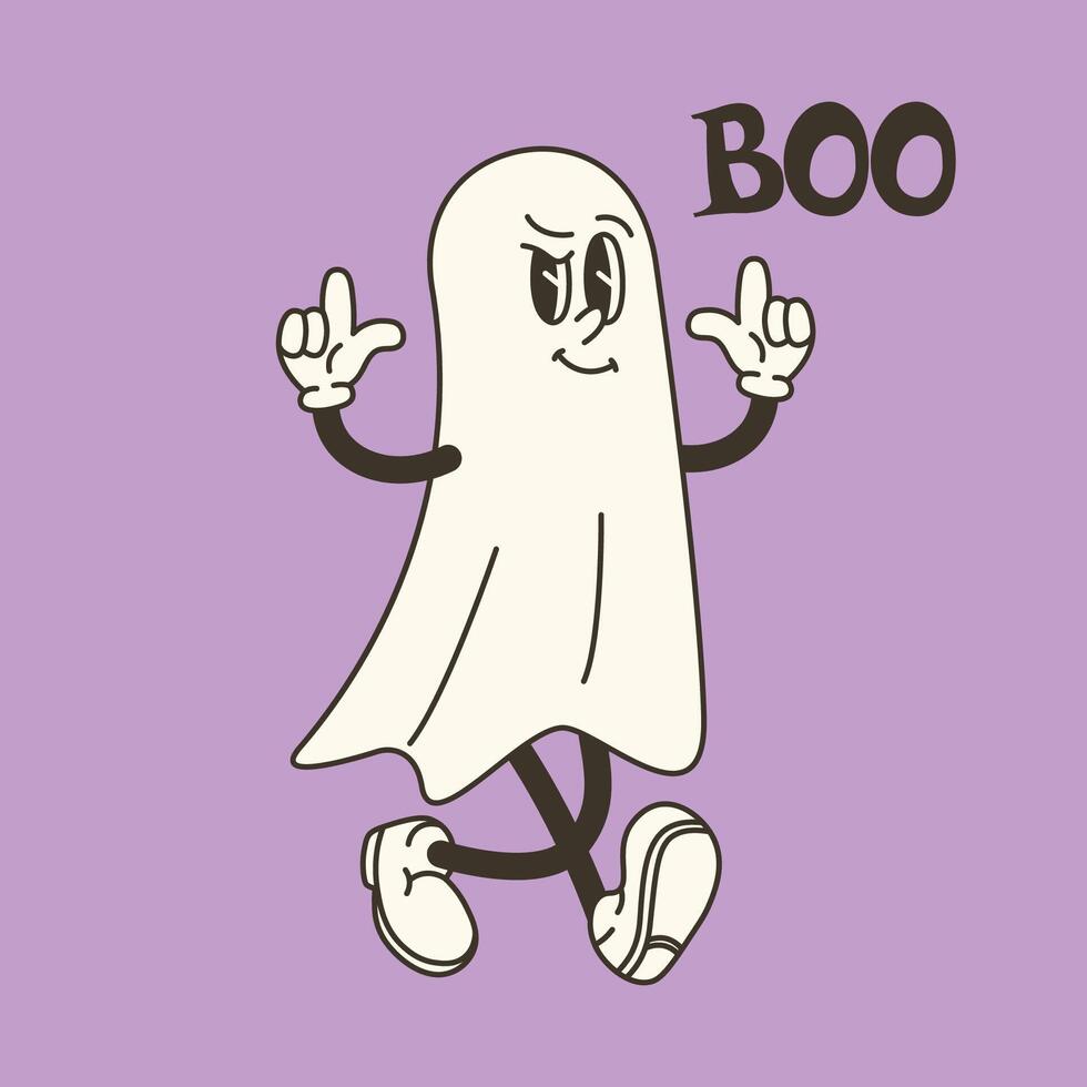 Groovy retro ghost with arms and legs on purple background. illustration for Halloween designs, fun decorations, and festive invitations vector