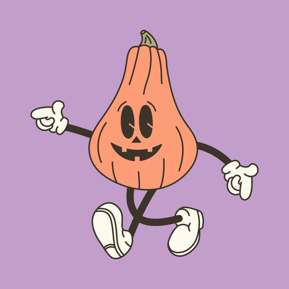 Groovy retro pumpkin with arms and legs on purple background. illustration for Halloween designs, fun decorations, and festive invitations vector