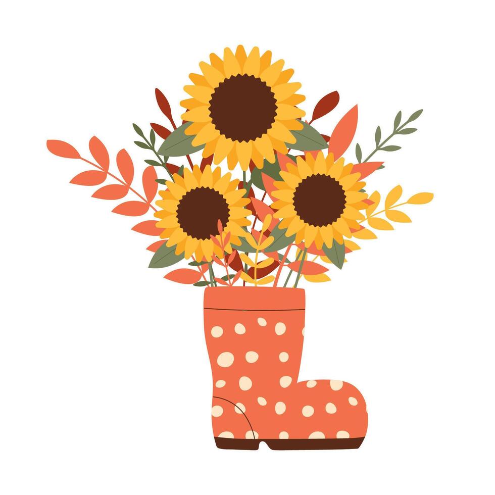 Bright bouquet of autumn flowers with sunflower in boot. illustration for seasonal designs, fall decorations, and festive greeting cards vector