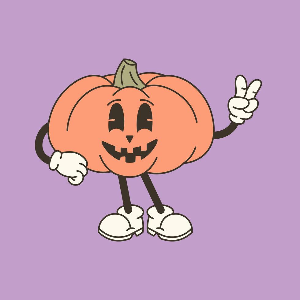 Groovy retro pumpkin with arms and legs on purple background. illustration for Halloween designs, fun decorations, and festive invitations vector