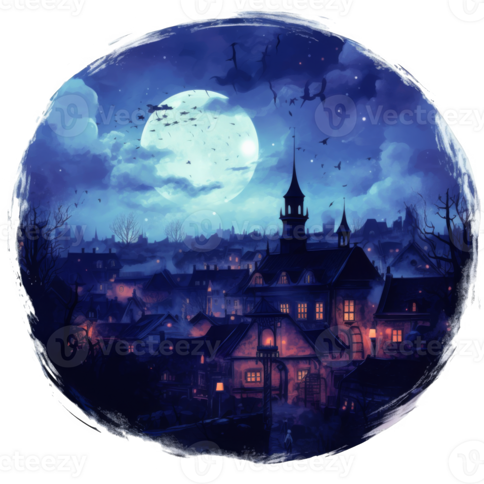 A Town Under a Full Moon with Flying Bats png