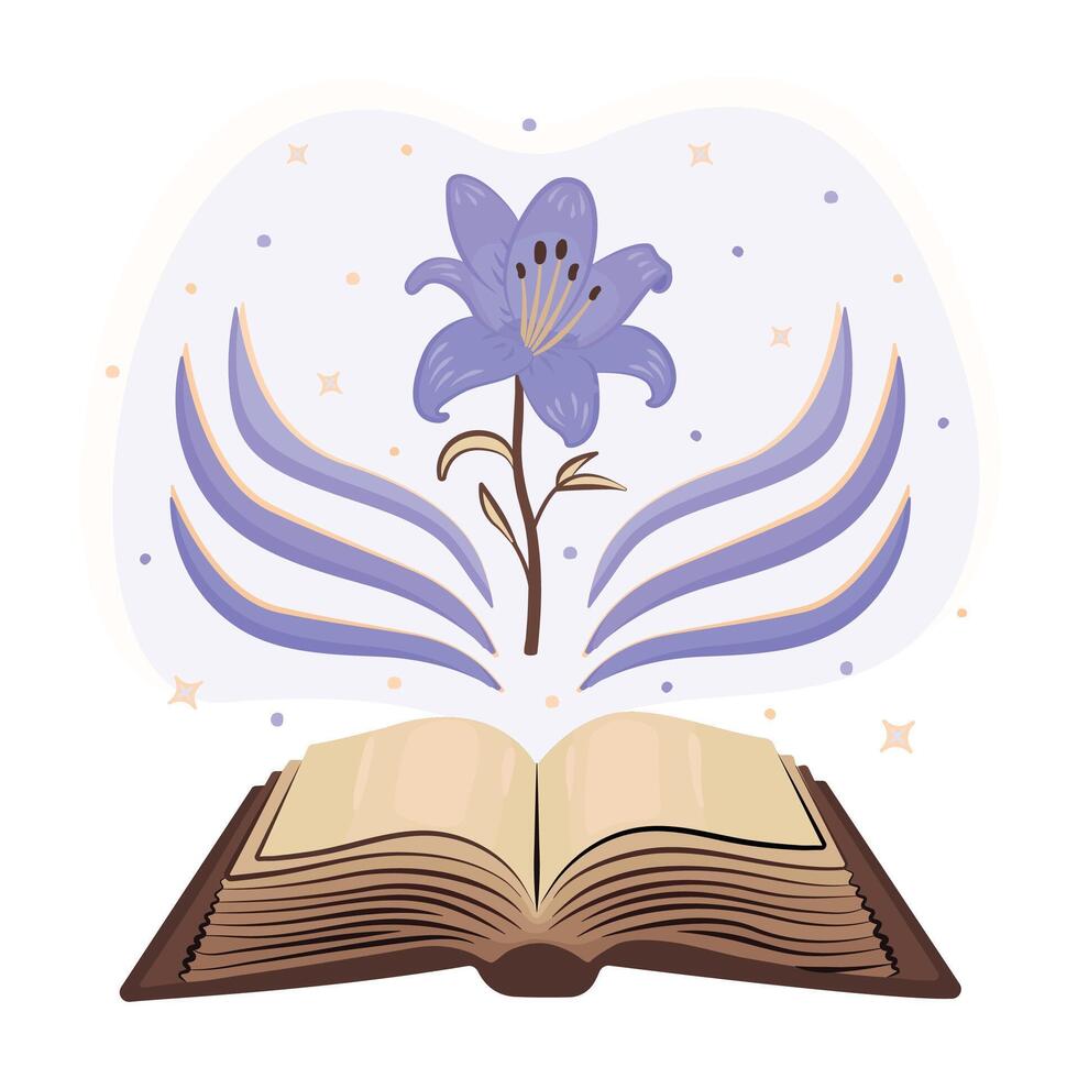 Old magical open book with a flower and sparks, shining notebook with blank pages and exquisite blue lily, vintage empty paper, dark academy literature, back to school color illustration vector