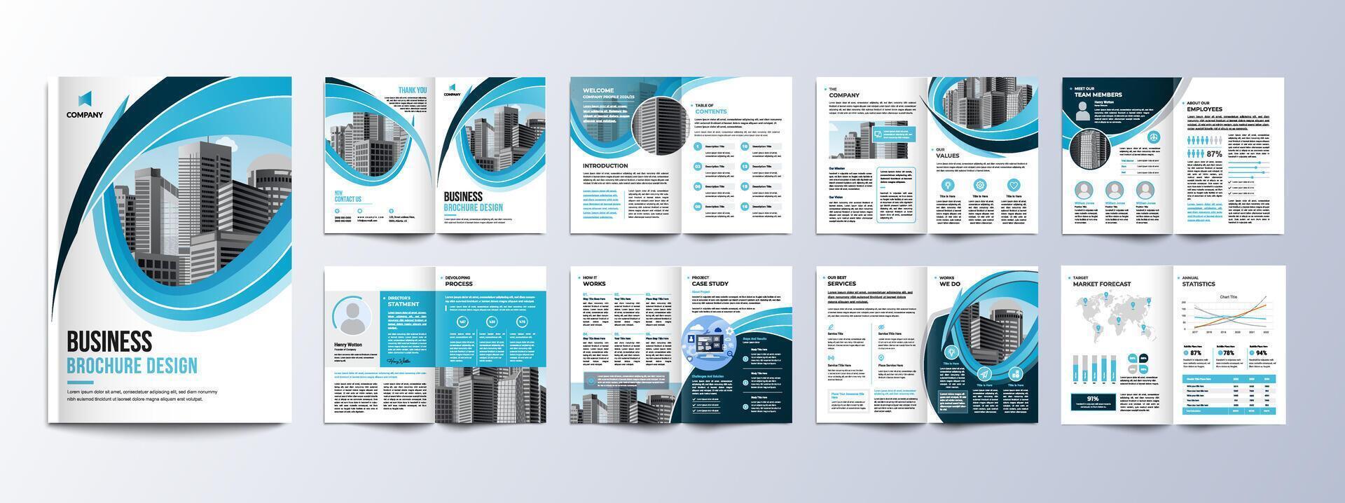 Multipage company profile business brochure design layout, Corporate brochure editable template with cover page, minimalist A4 16 pages brochure design with modern concept vector