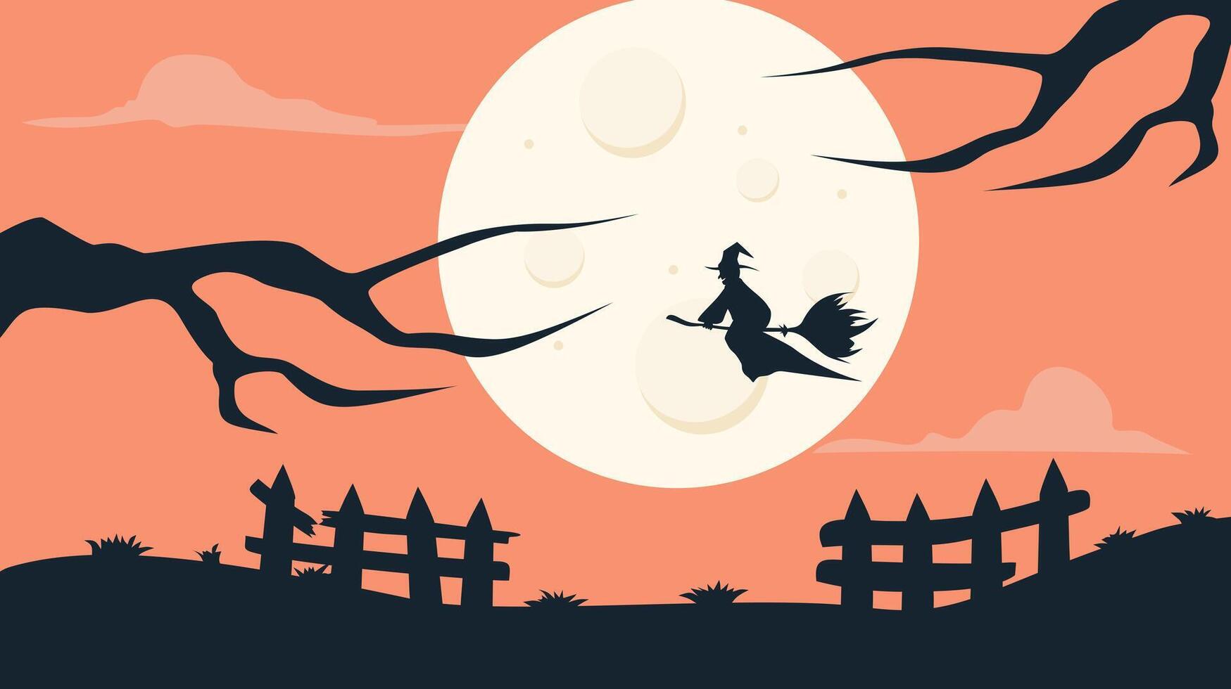 silhouette of a witch flying on a magic broomstick with a spooky background, background illustration for halloween theme vector