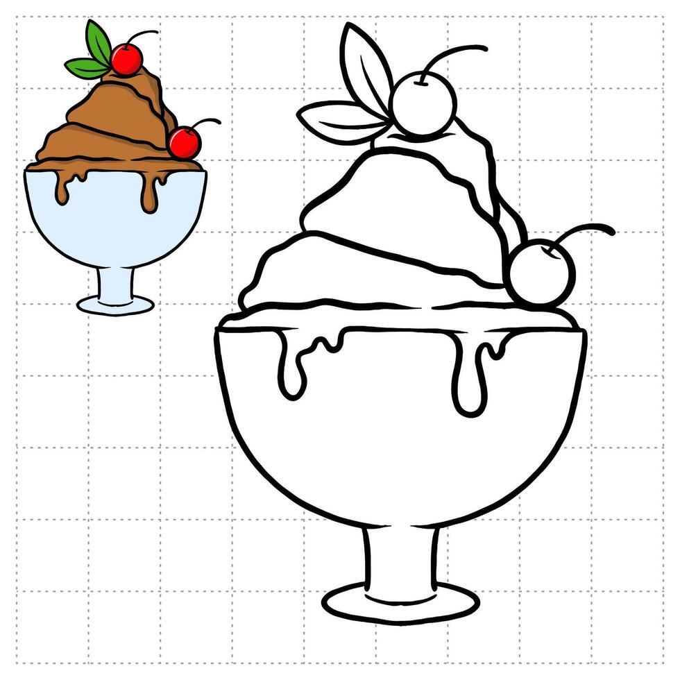 Object Coloring Book for Kids. Food Series - ice cream with cherries vector