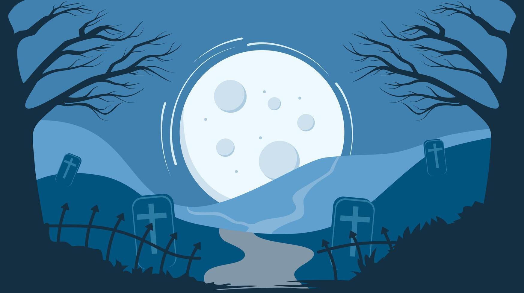 silhouette of big tree with path leading to cemetery hill, background illustration for halloween theme vector