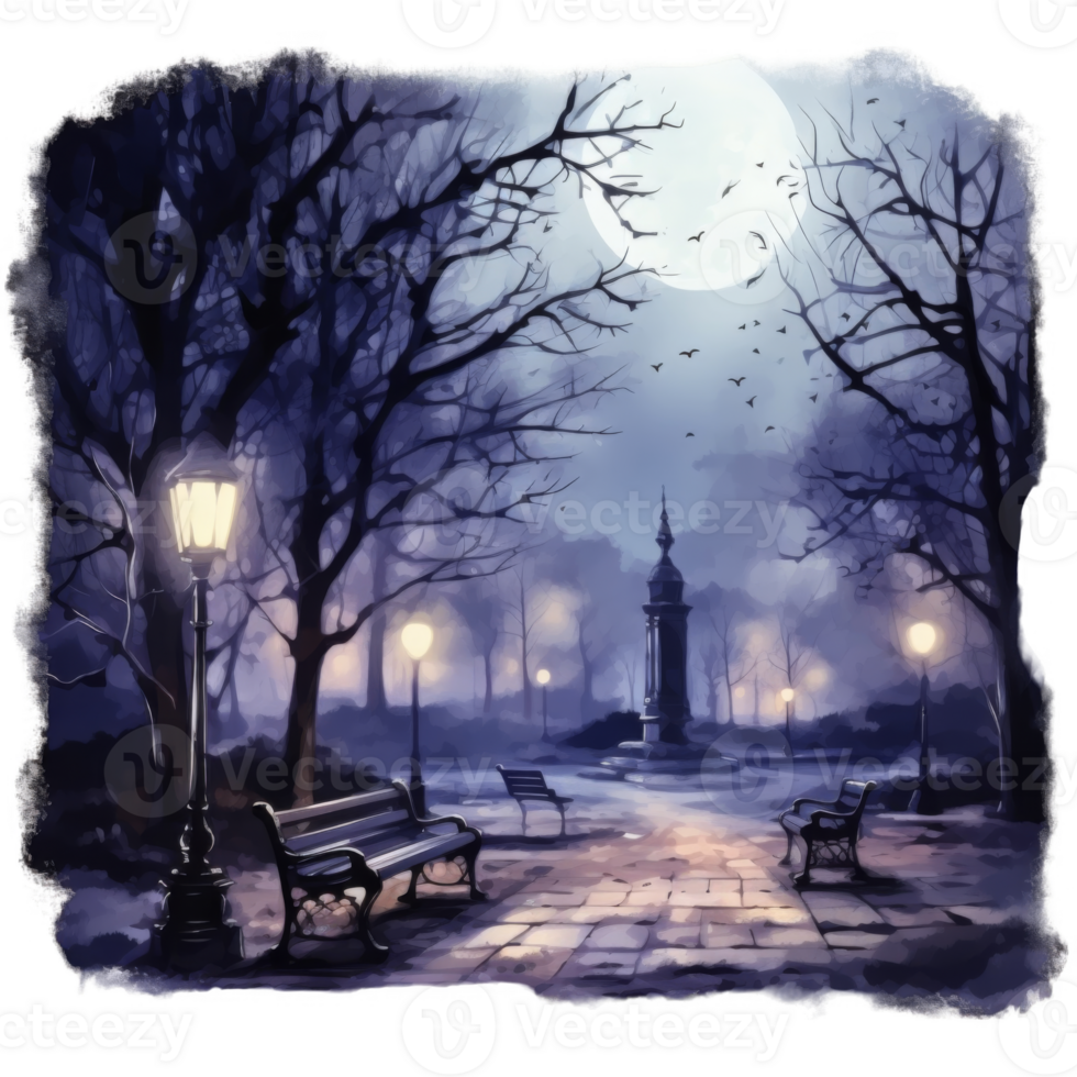 Moonlight Illuminates a Park with Benches and Streetlights png