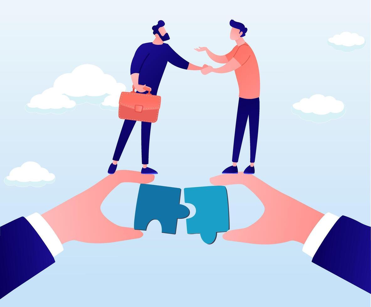 Partnership, teamwork, or collaboration to success, solve jigsaw puzzle together. vector