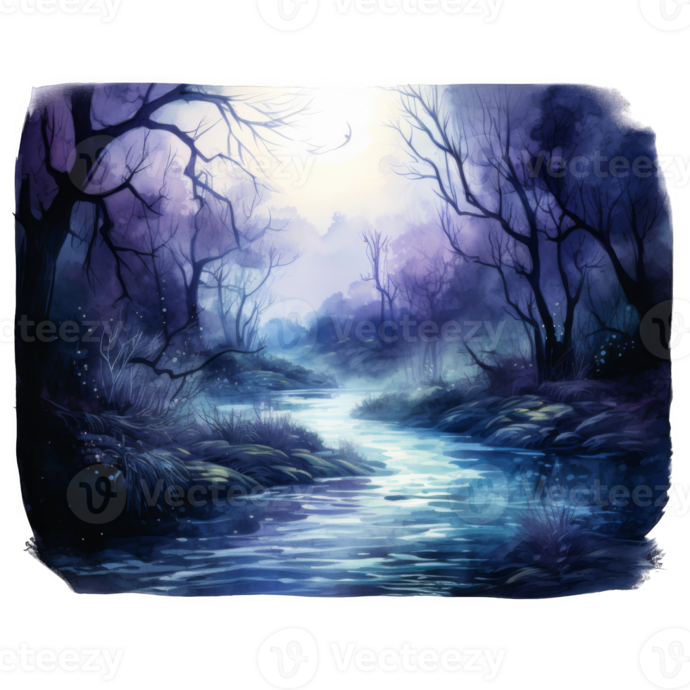 A Mystical River Flows Through a Foggy Forest png