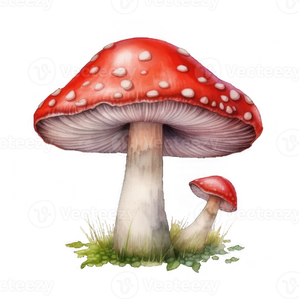 Two Red and White Spotted Mushrooms with Green Grass png