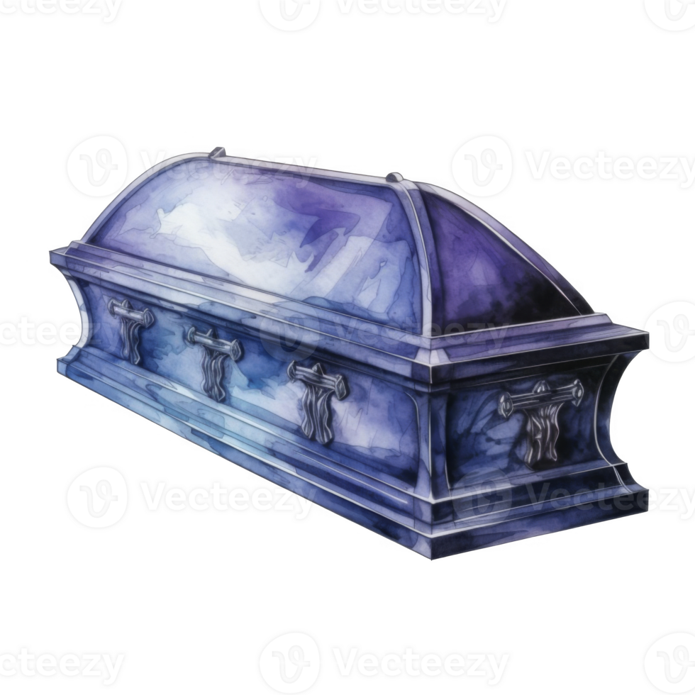 Watercolor illustration of a blue wooden coffin png