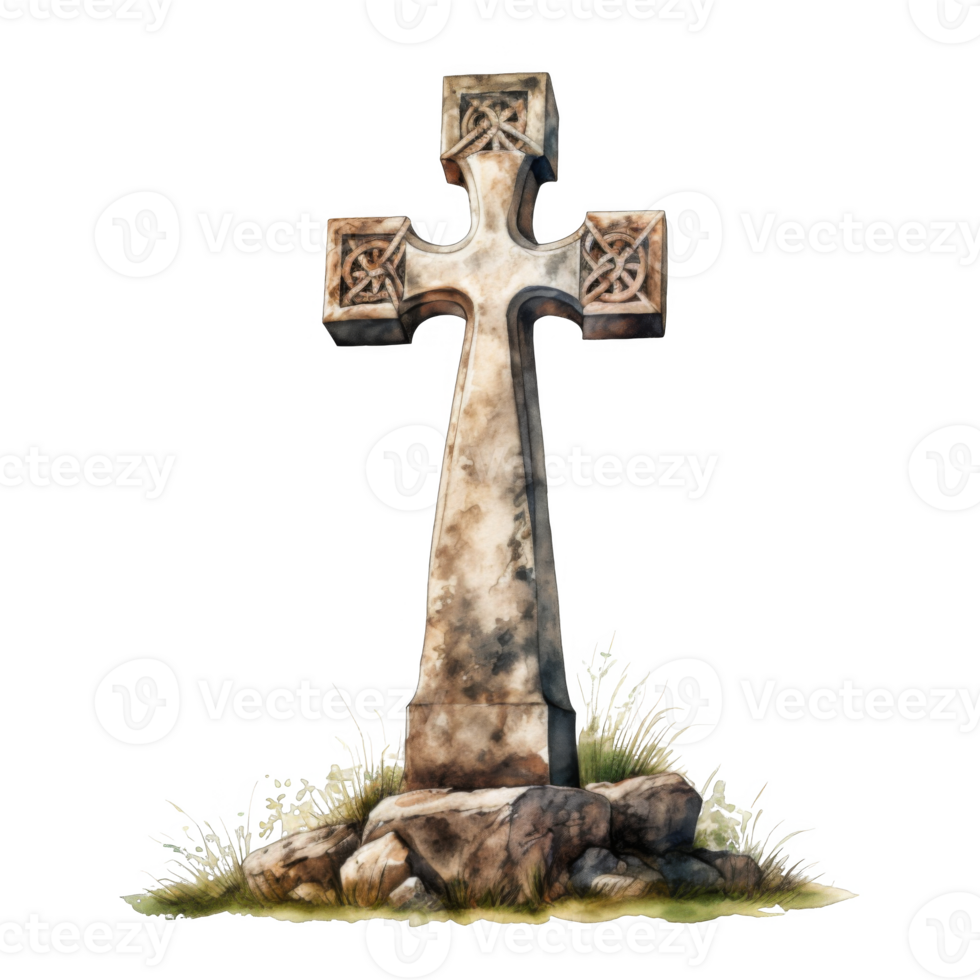 A Stone Cross with Intricate Carvings Standing on Rocks with Grass png