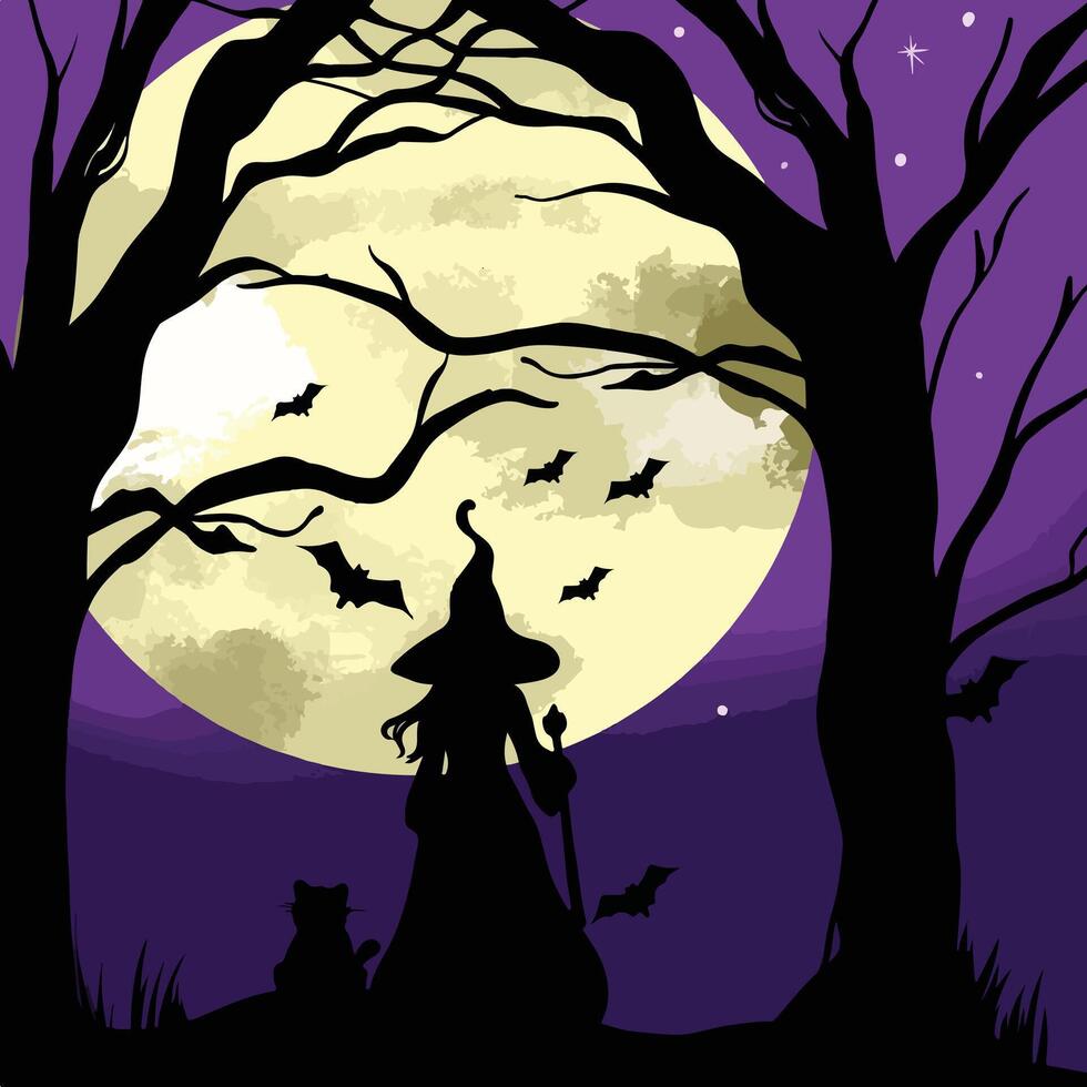 halloween night witch and moon background vector