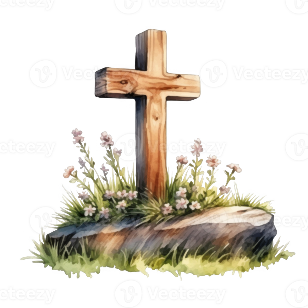 Wooden Cross on a Stone with Flowers and Grass png