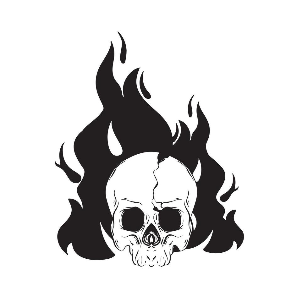 black and white skull in flames illustration vector