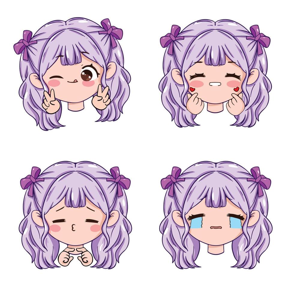 set of funny cartoon cute chibi faces illustration vector