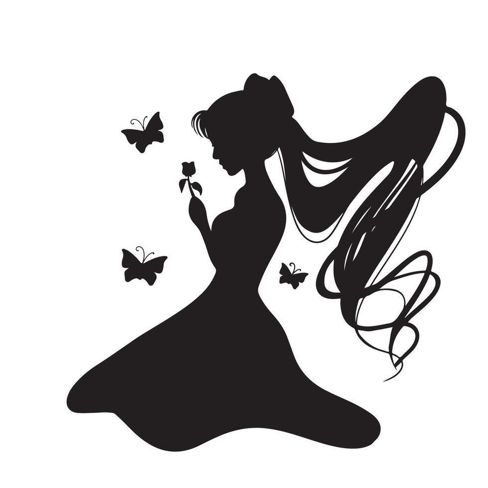 black and white silhouette girl with flower vector