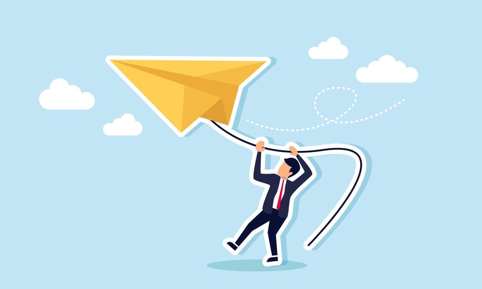 A businessman struggling to hold a large paper airplane with a string, illustration of Maintaining a company with a grand vision to stay true to its values vector