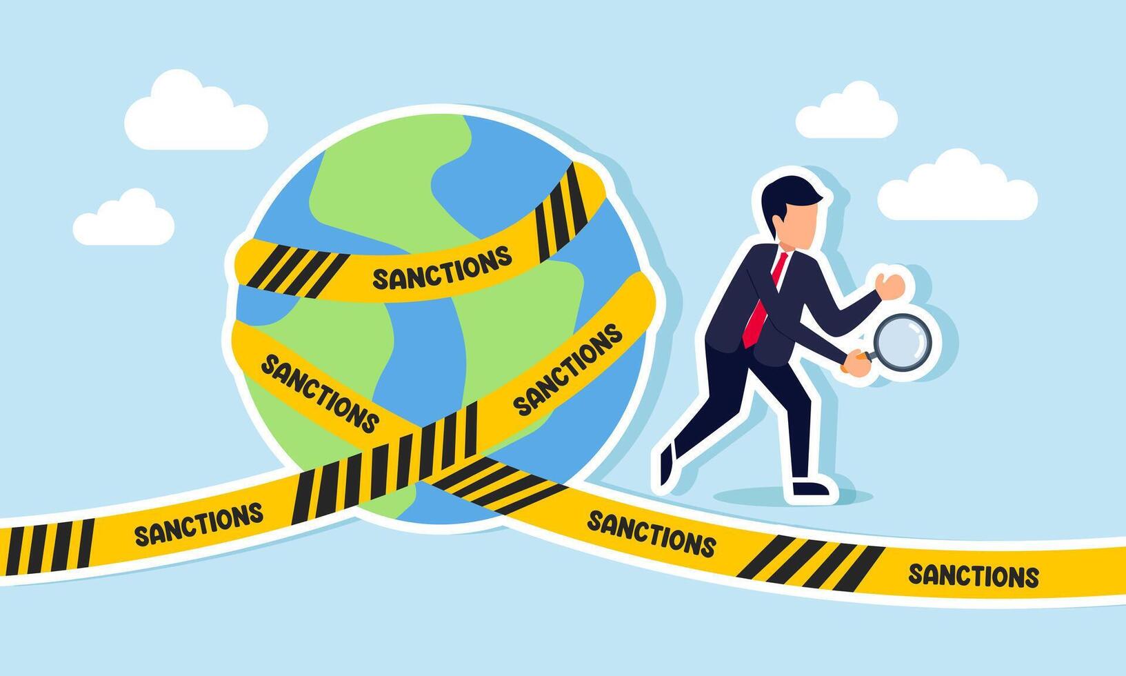 A businessman beside a world globe sealed by a barrier, illustration of Investigating a major problem and significant case in the business world vector