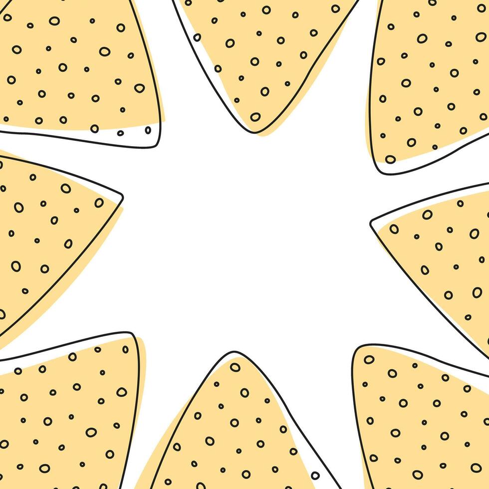 Outline Nachos with spotted tint in trendy soft yellow. Abstract frame border Inscription template Copy space. Isolated Decorative background. Cards, poster, leaflets, promo or web illustration vector