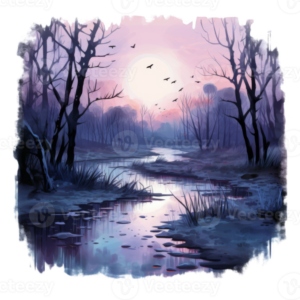 Serene Sunset Over a Still, Foggy Marsh png