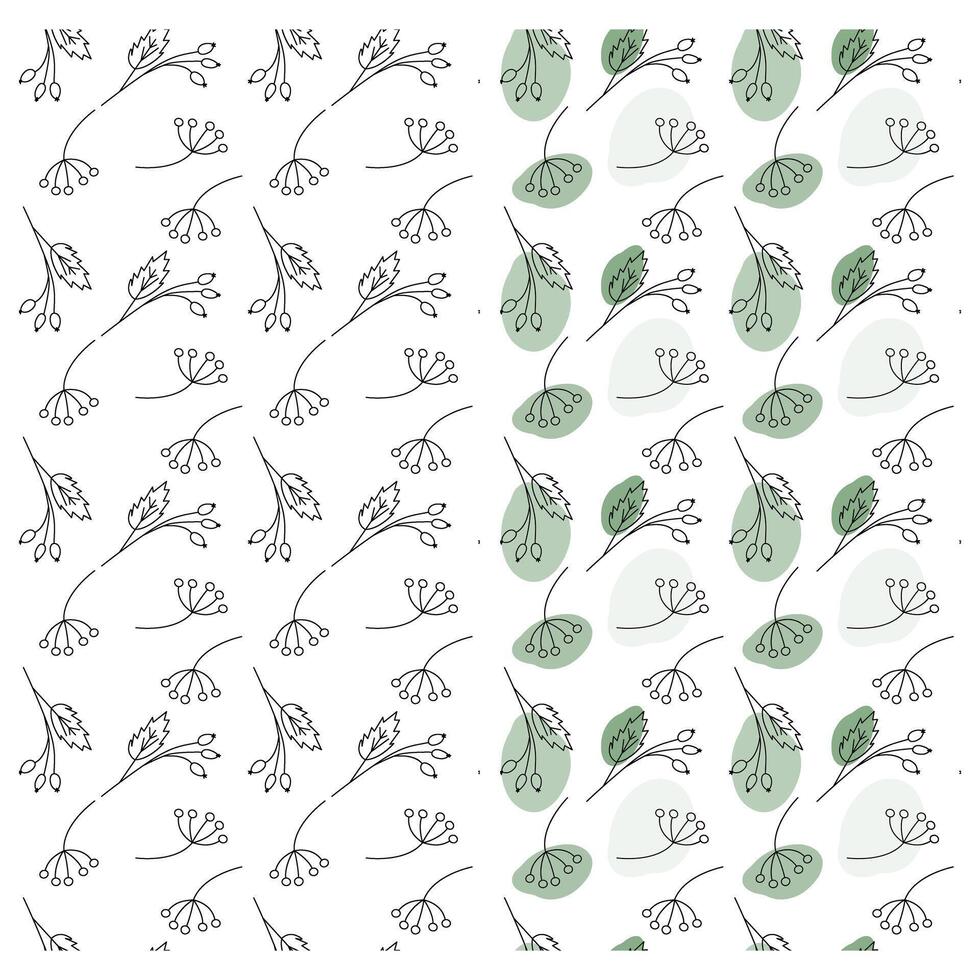 Abstract outline branches with spots in trendy marker green Seamless patterns Set of 2 Springtime Abstract backdrop texture Isolate EPS for wallpaper, wrapping or web, posters or cards, label vector