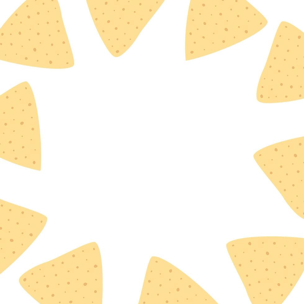 Nachos square frame border with copyspace. Isolated Decorative background texture Lettering template. Cards, posters, leaflets, tag, banner, brochure, promo or web design concept illustration vector