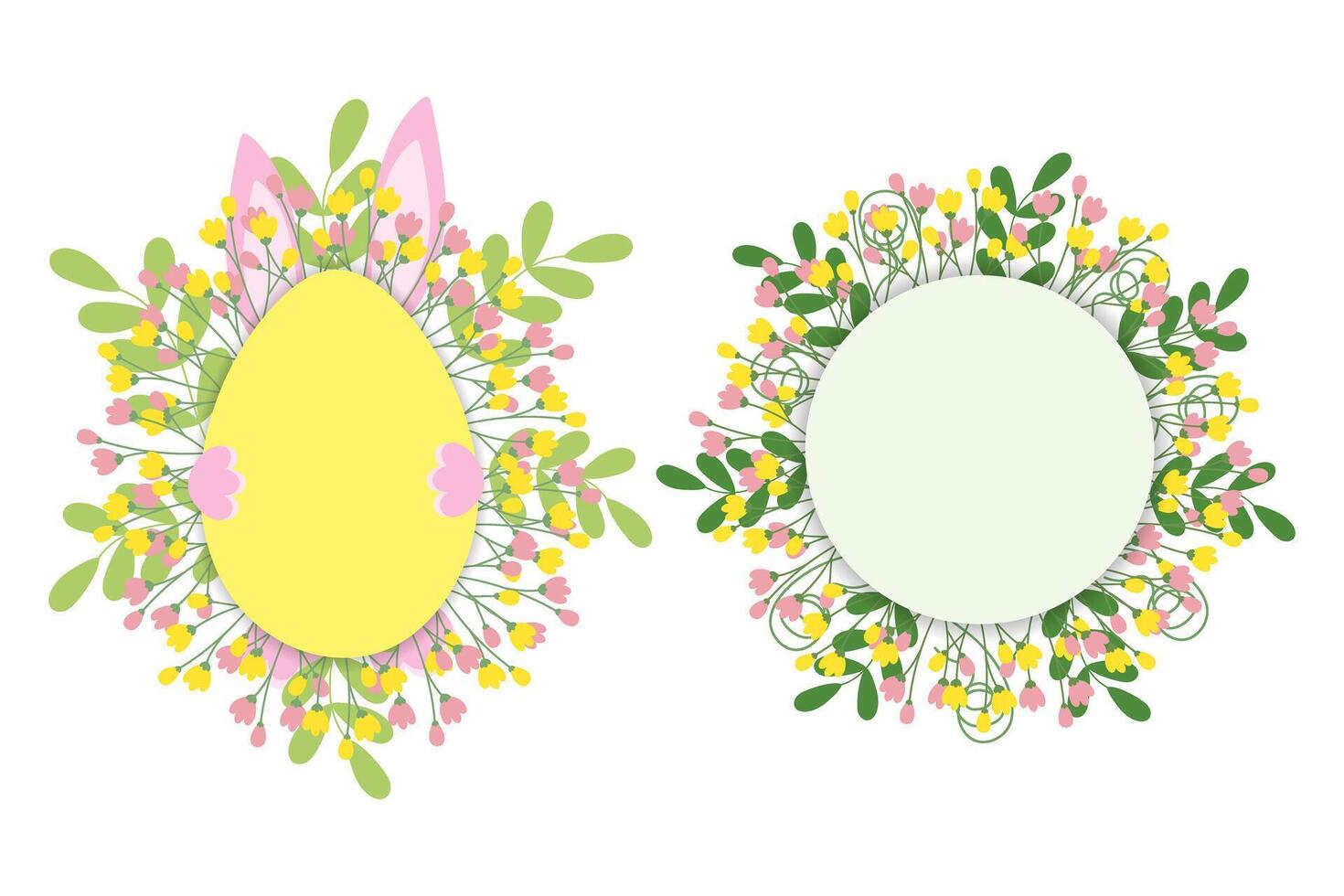 Spring frame Circle and Easter Egg shape with hided bunny and blossom twigs. Inscriptions template Copy space. Set of 2 Isolated illustration Cards, posters, leaflets, banner, tag, promo or web vector