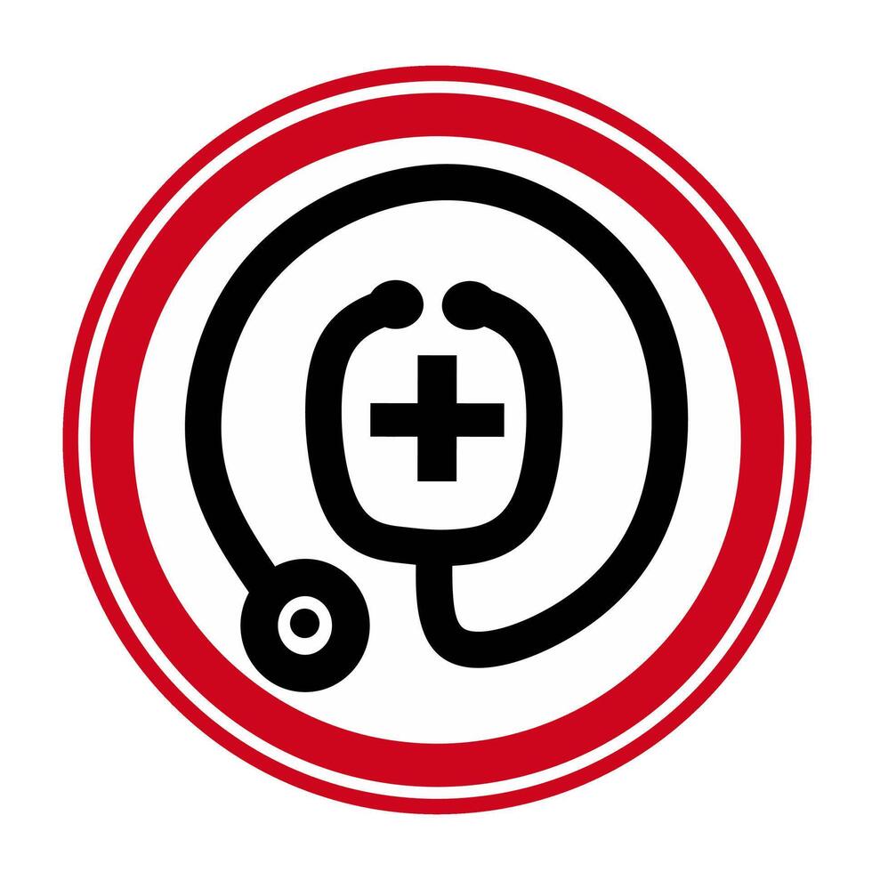 Medical logo depicting a stethoscope, surrounded by a red circle line. Suitable for presentation of medical scientific journals at scientific events. vector