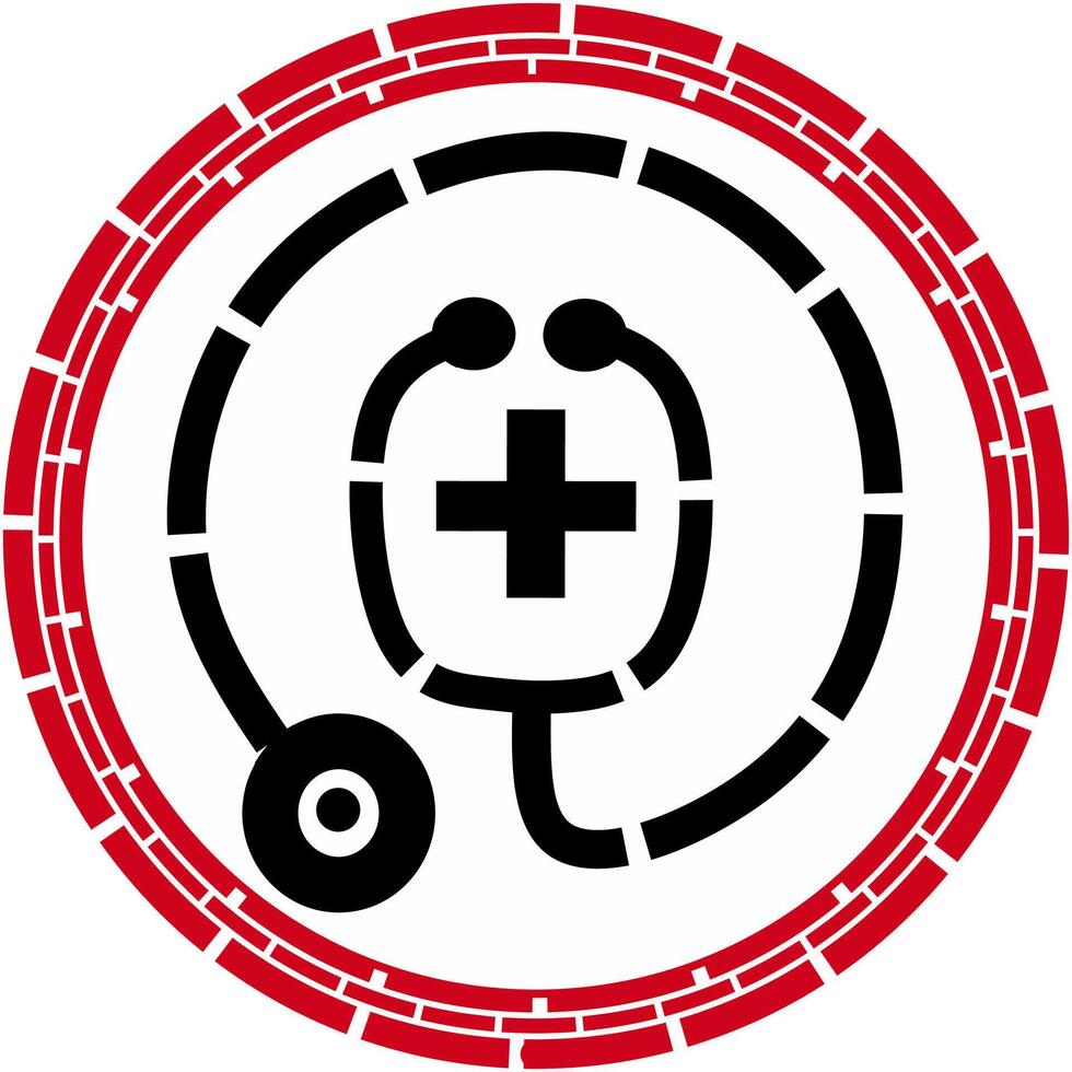 Medical logo depicting a stethoscope, surrounded by a red circle line. Suitable for presentation of medical scientific journals at scientific events. vector