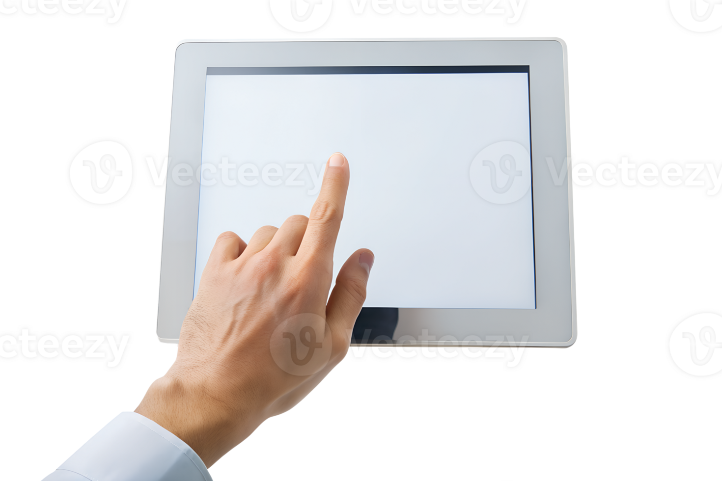 close-up hand touching white screen tablet isolated on transparent background png