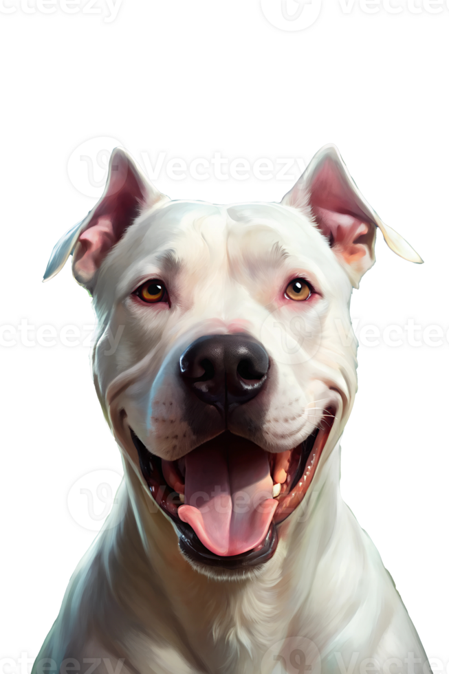 a digital artwork of a white Dogo Argentino with a happy expression, showing its teeth and tongue png