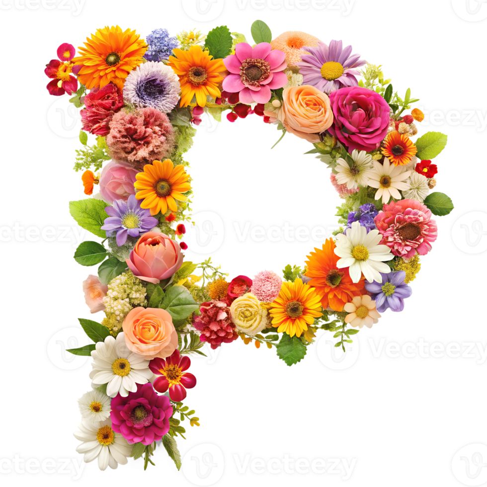 Stringing beautiful flowers together to form the English letter P, isolated on transparent background png