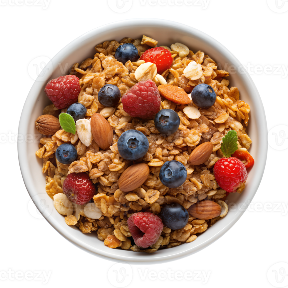 top view, Granola In a white ceramic bowl isolated on transparent background png