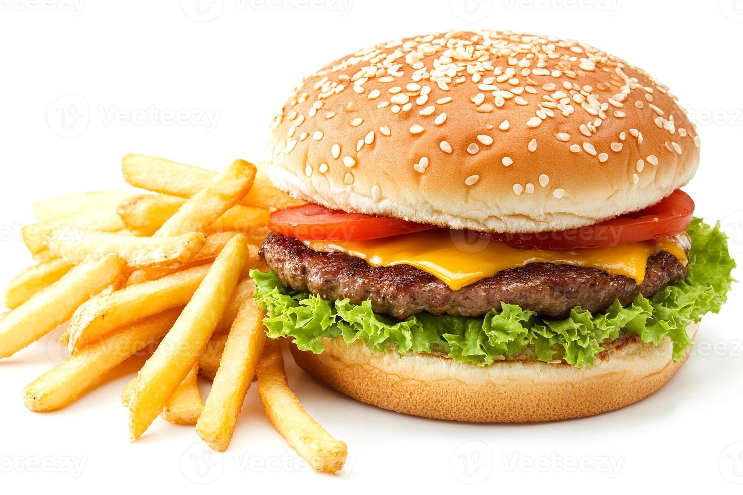 A hamburger and french fries on a white background photo